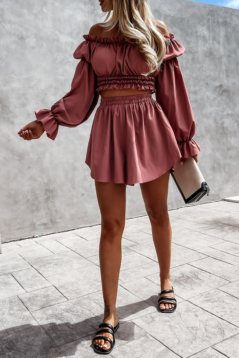 Fashion Solid Off the Shoulder Long Sleeve Two Pieces