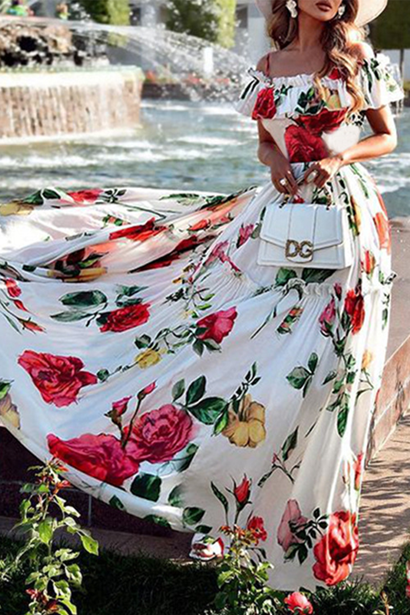 Fashion Print Flounce Off the Shoulder Cake Skirt Dresses