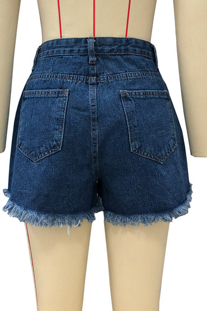 Casual Solid Tassel Regular Denim Shorts