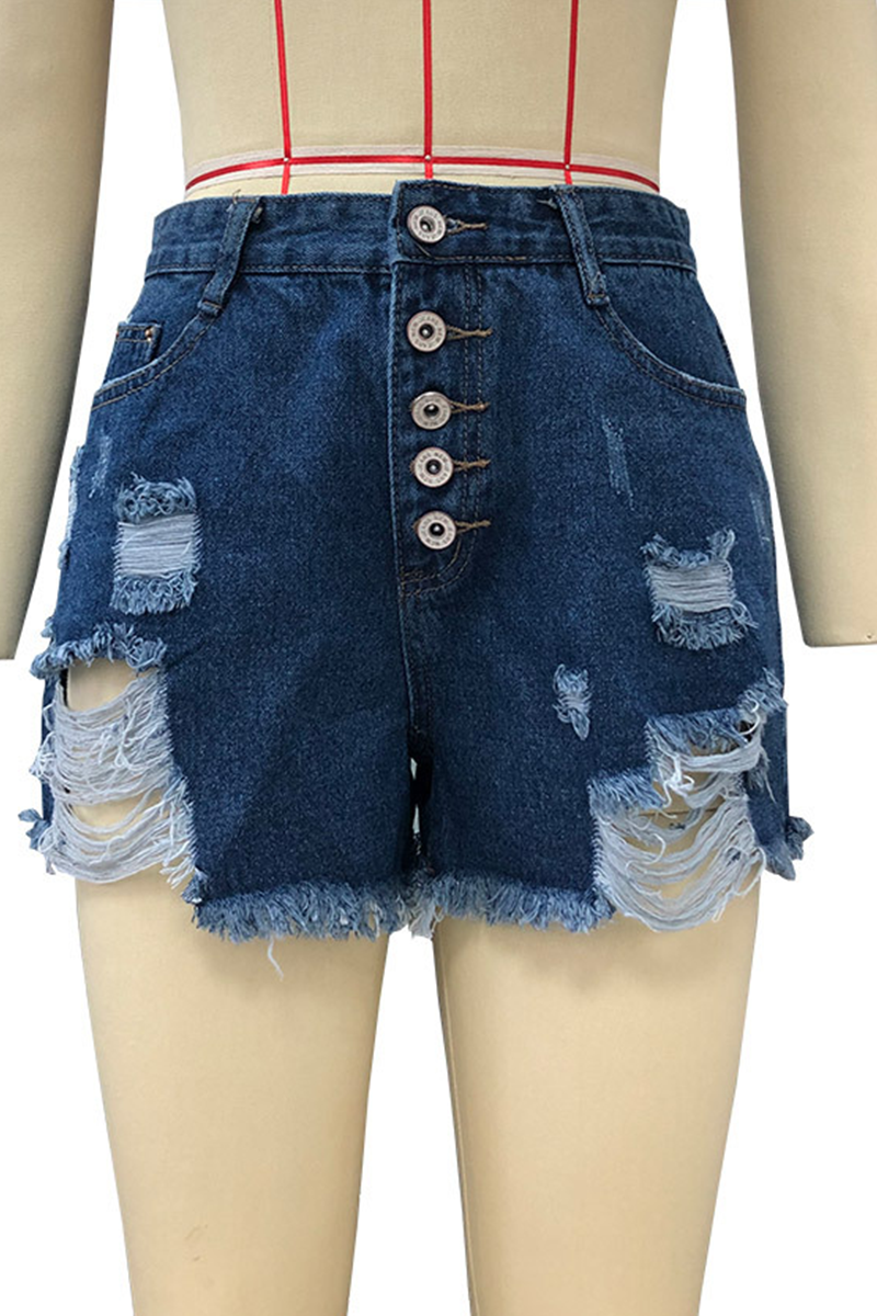 Casual Solid Tassel Regular Denim Shorts