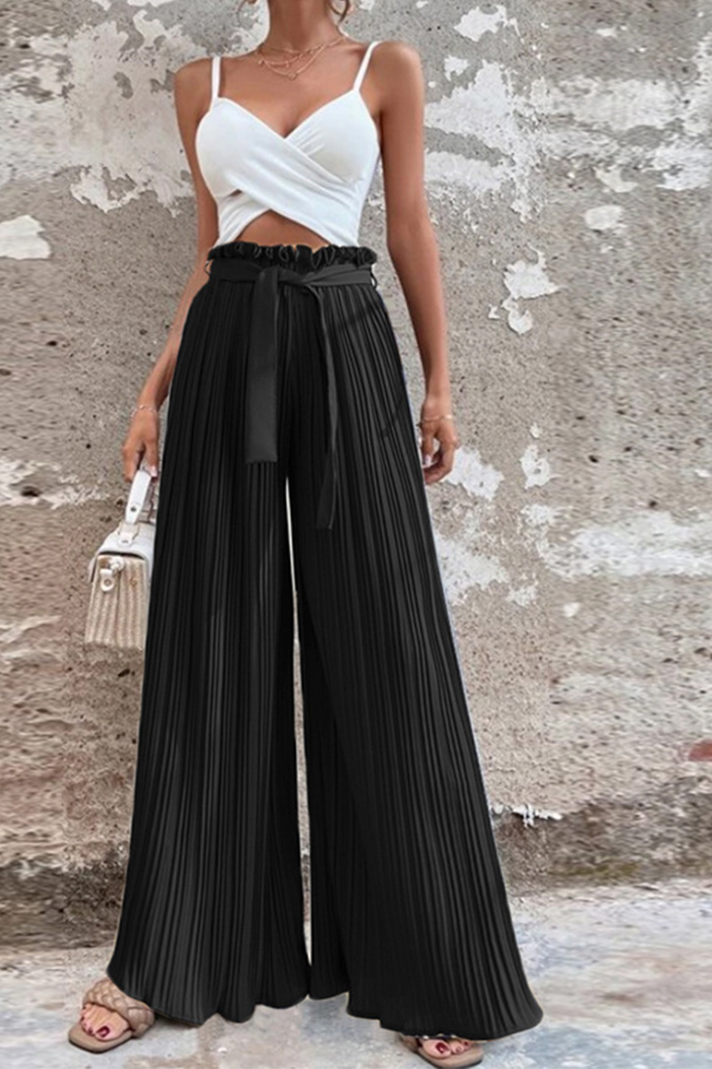 Fashion Solid Fold Loose Mid Waist Wide Leg Solid Color Bottoms
