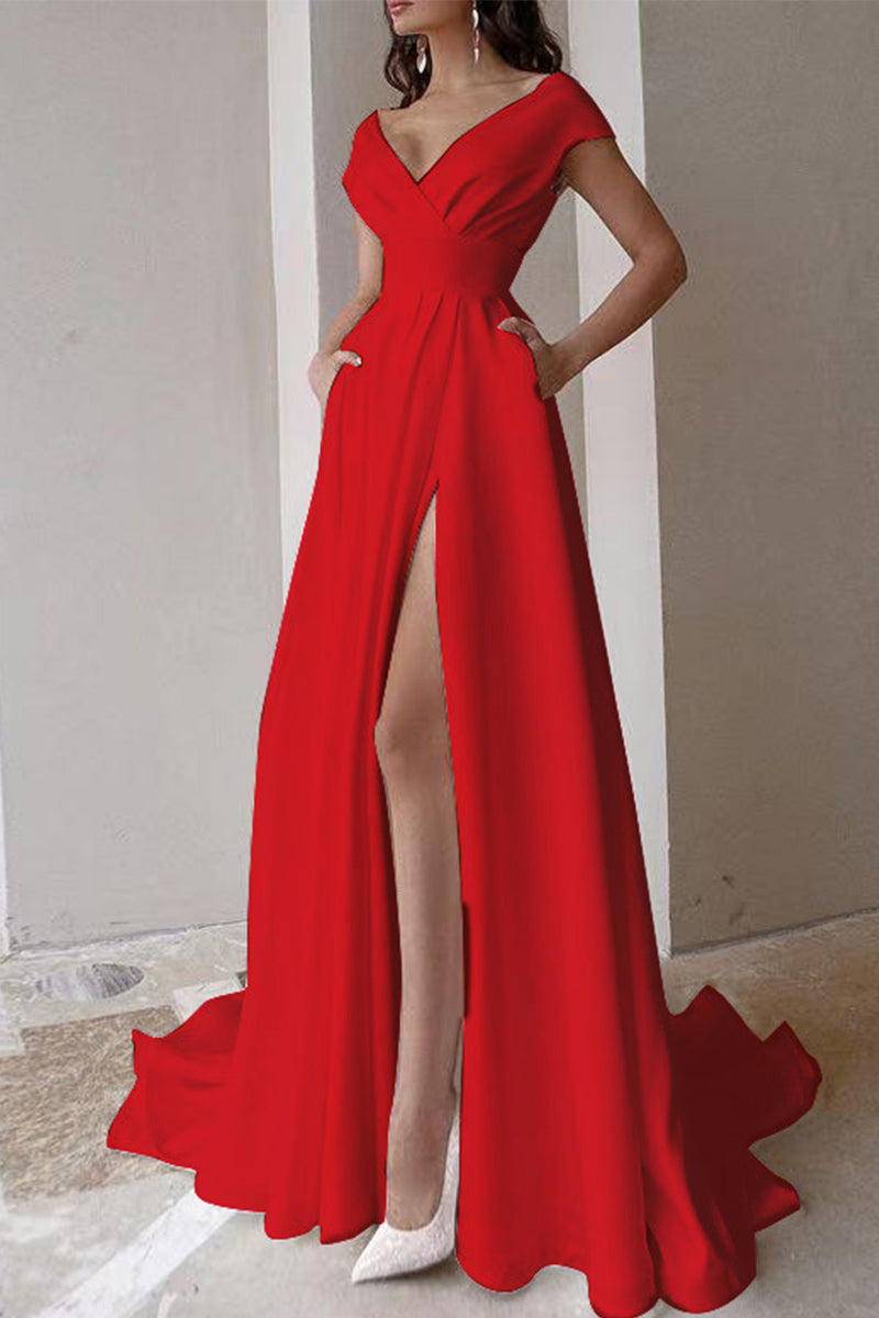 Celebrities Elegant Solid Asymmetrical Solid Color V Neck Evening Dress Dresses
