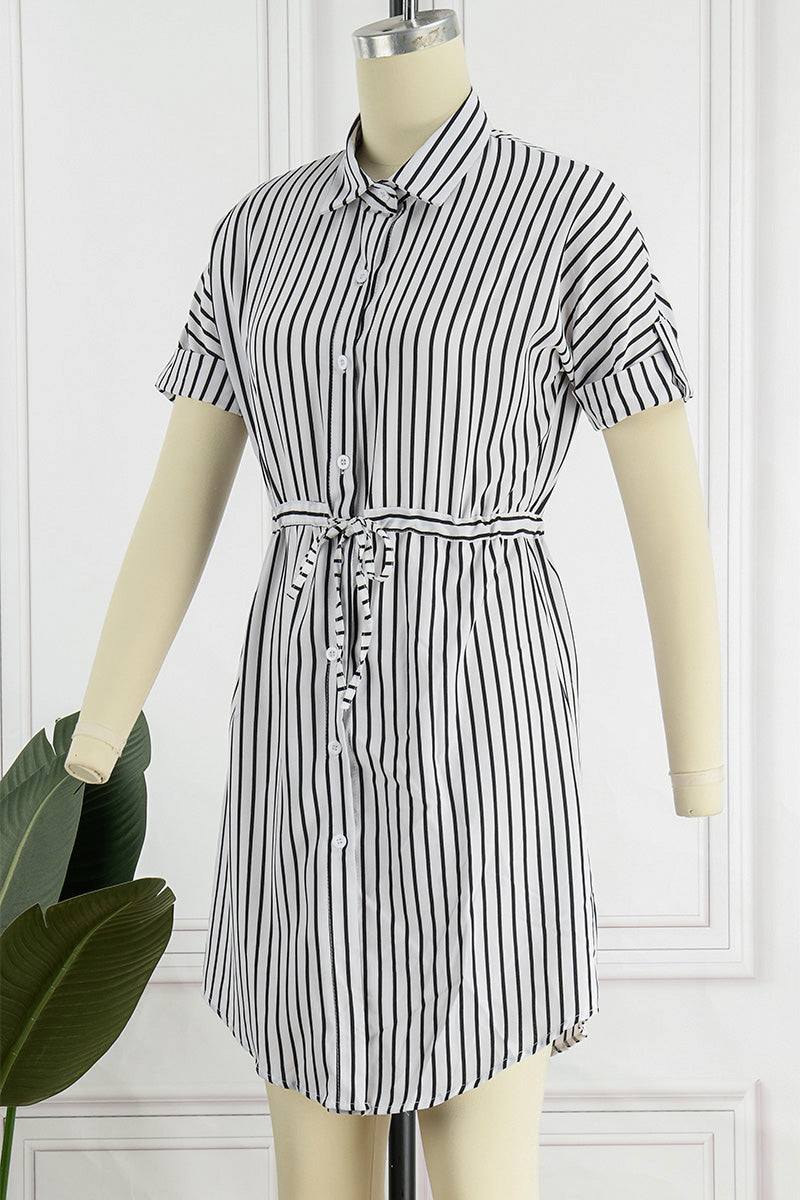 Street Striped Patchwork Turndown Collar Shirt Dress Dresses