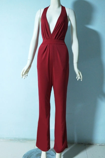 Sexy Elegant Solid Backless Fold V Neck Regular Jumpsuits(12 Colors)