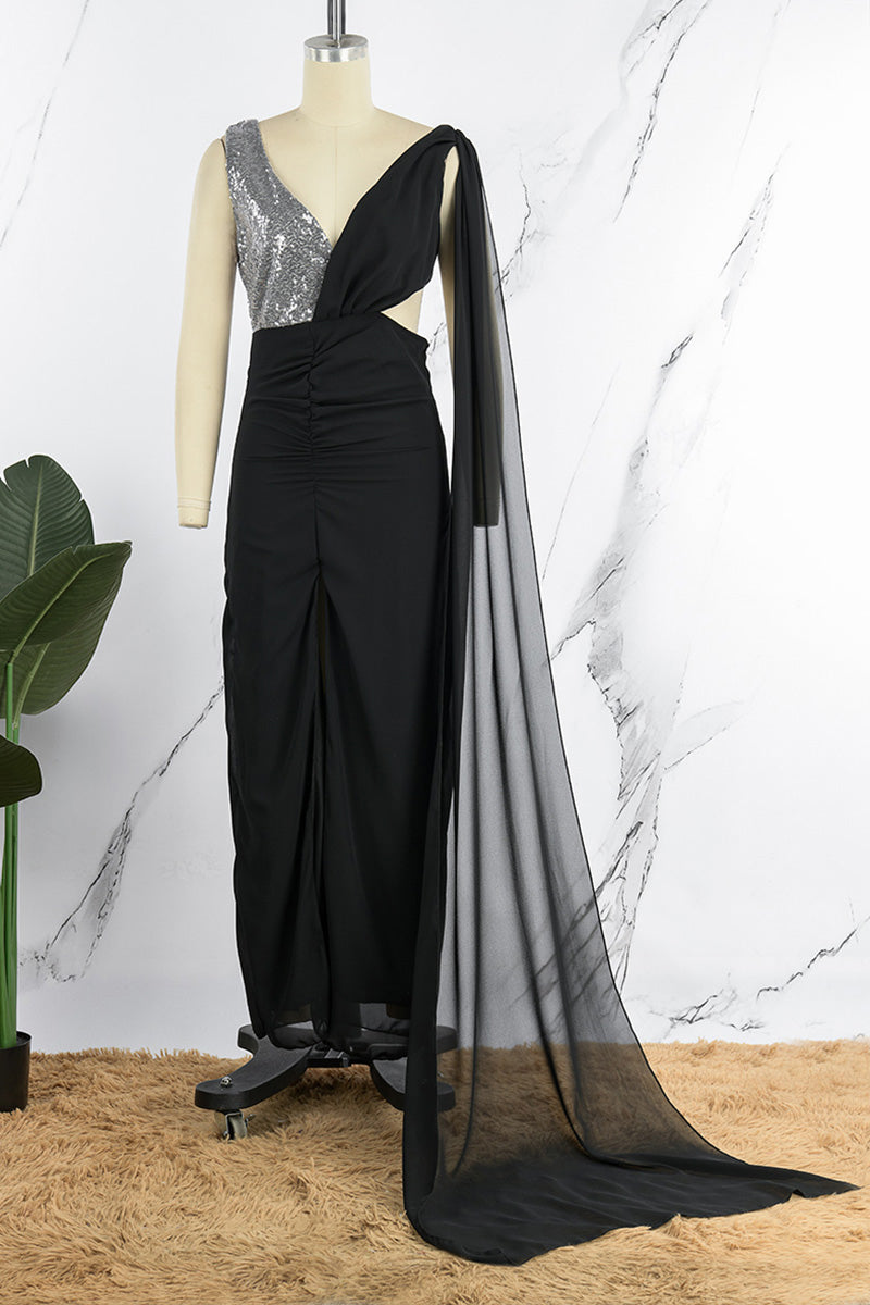 Celebrities Elegant Patchwork Sequins V Neck Evening Dress Dresses