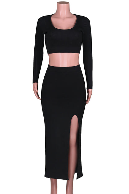Sexy Solid Slit O Neck Long Sleeve Two Pieces