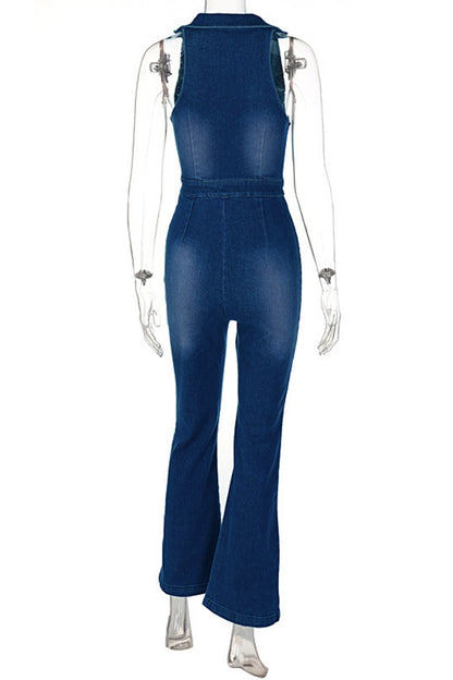 Casual Street Solid Zipper V Neck Sleeveless Regular Denim Jumpsuits