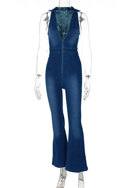 Casual Street Solid Zipper V Neck Sleeveless Regular Denim Jumpsuits