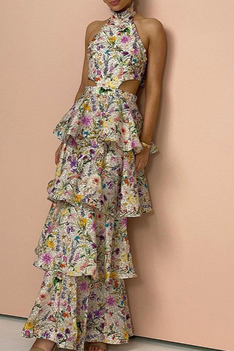 Elegant Floral Backless With Bow Halter Cake Skirt Dresses