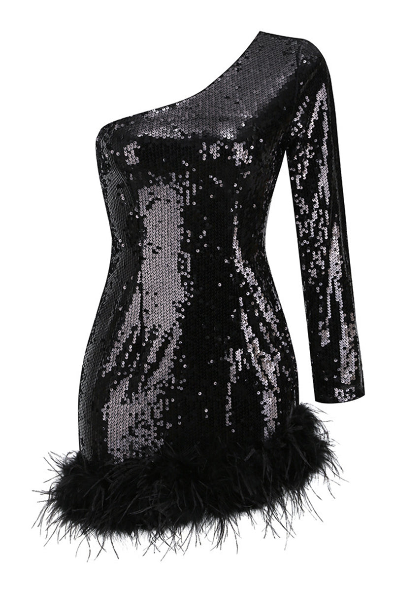 Robe de soirée Sexy à paillettes et plumes, asymétrique, col Oblique, robes de soirée 