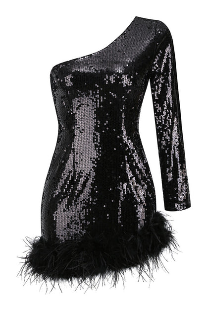 Robe de soirée Sexy à paillettes et plumes, asymétrique, col Oblique, robes de soirée 