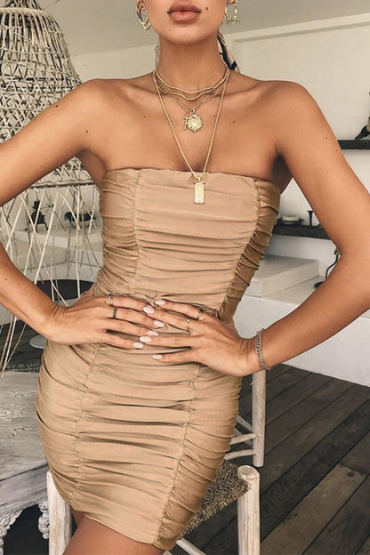 Sexy Party Solid Fold Strapless Wrapped Skirt Dresses