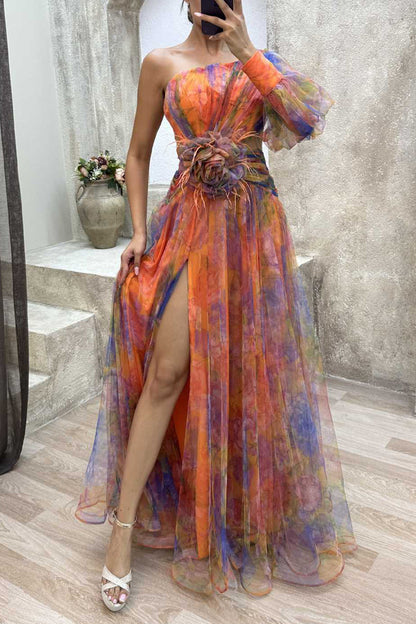 Elegant Gradual Change Slit Oblique Collar Evening Dress Dresses(5 Colors)