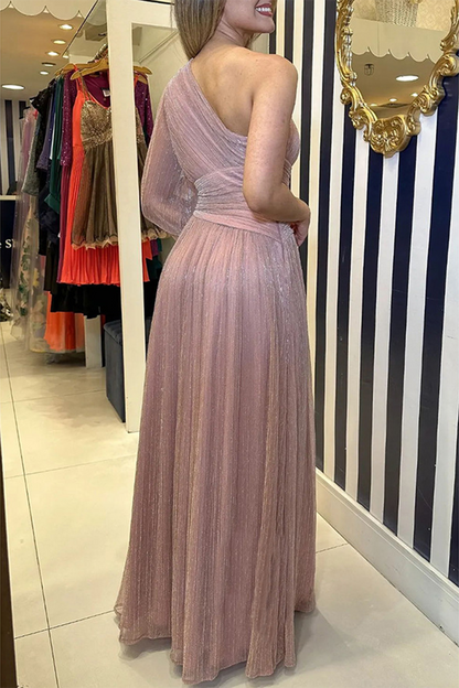 Elegant Solid Slit Sequined Oblique Collar Evening Dress Dresses