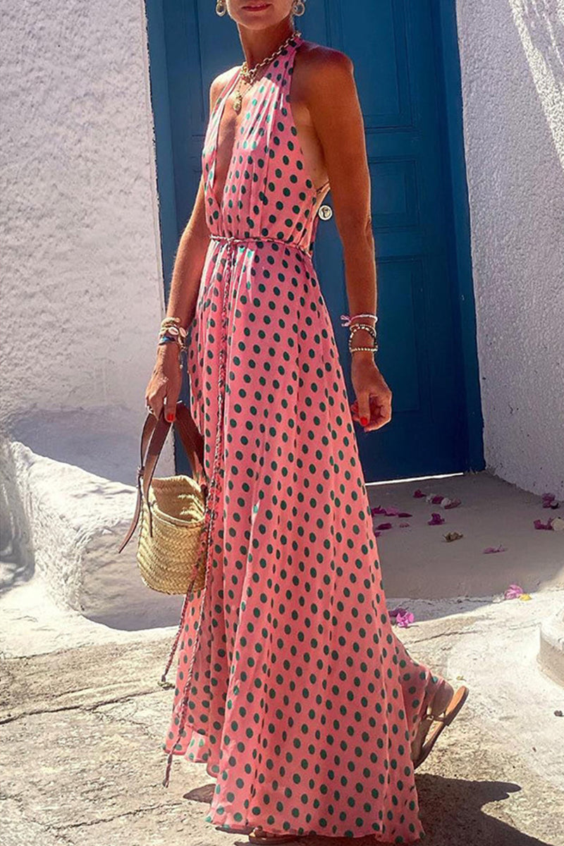 Sexy Vacation Geometric Print Frenulum Backless Halter Sleeveless Dress Dresses
