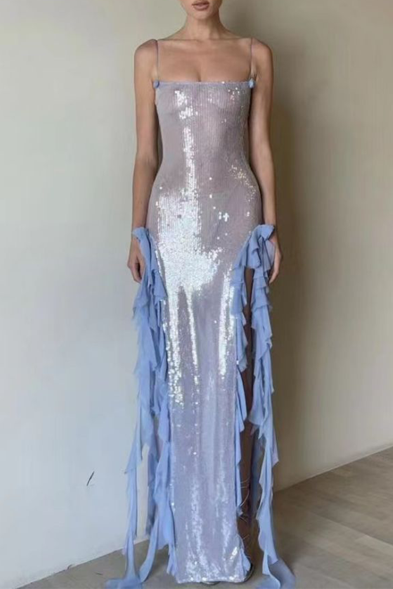 Sexy Solid See-through Flounce Sling Dress Dresses