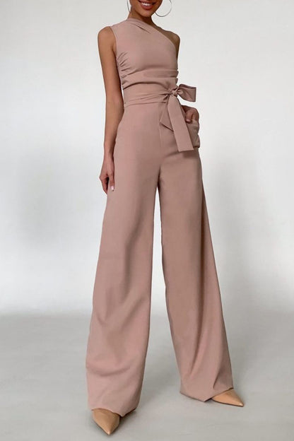 Eleganter, gerader Jumpsuit mit festem Frenulum und schrägem Kragen (ohne Gürtel) 