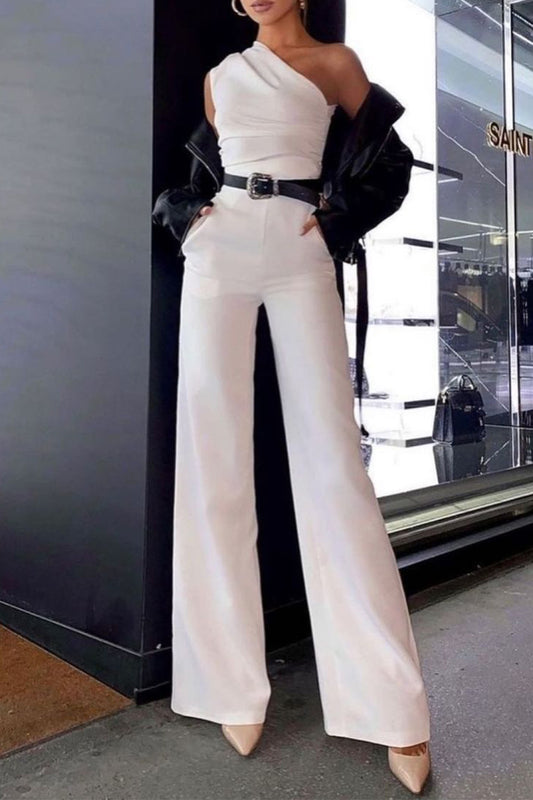 Eleganter, gerader Jumpsuit mit festem Frenulum und schrägem Kragen (ohne Gürtel) 