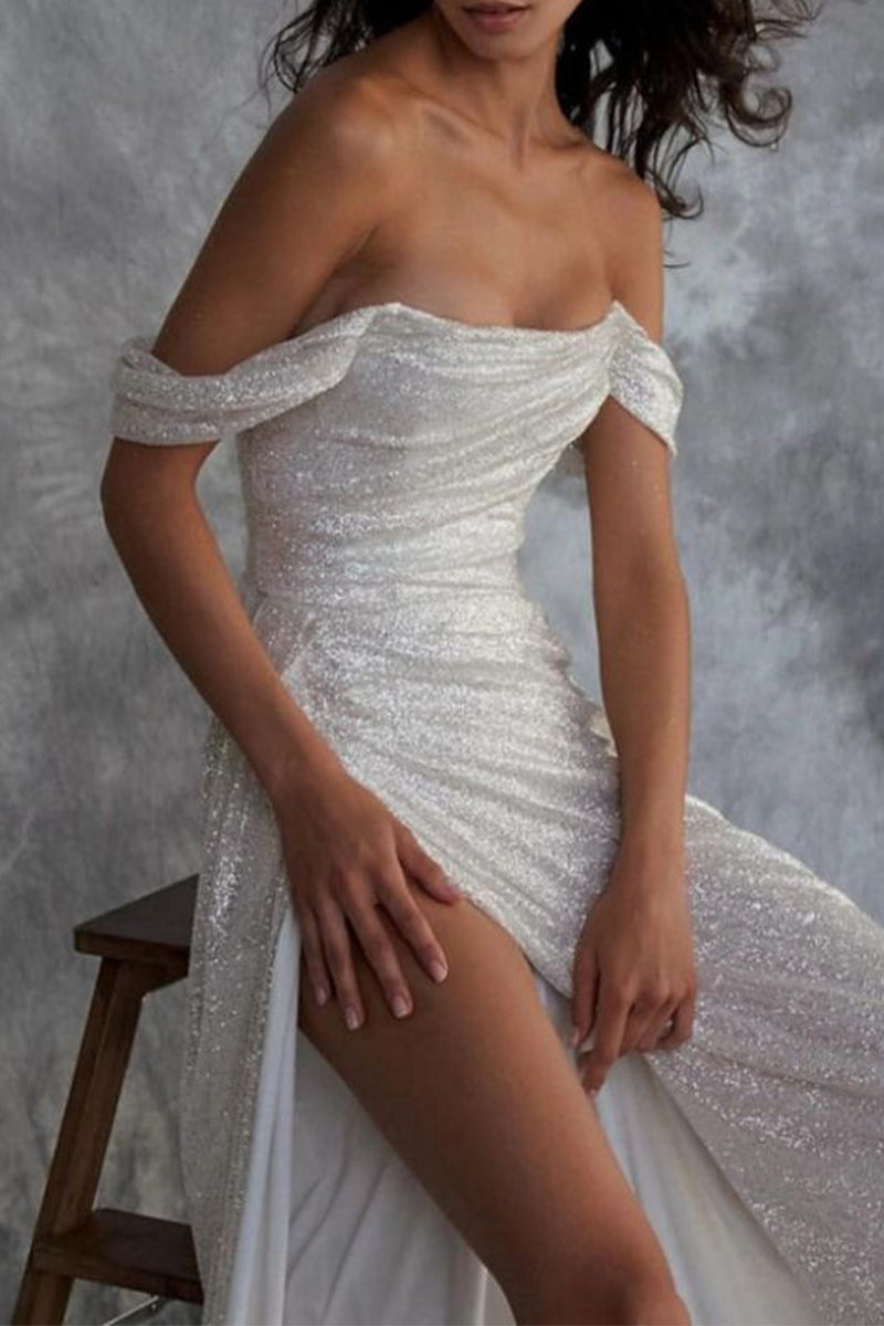 Casual Formal Solid Slit Sequined Off the Shoulder Evening Dress Dresses
