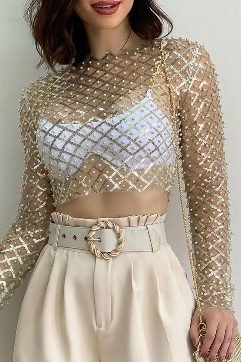Sexy Solid Sequins See-through Beading O Neck Tops(4 Colors)