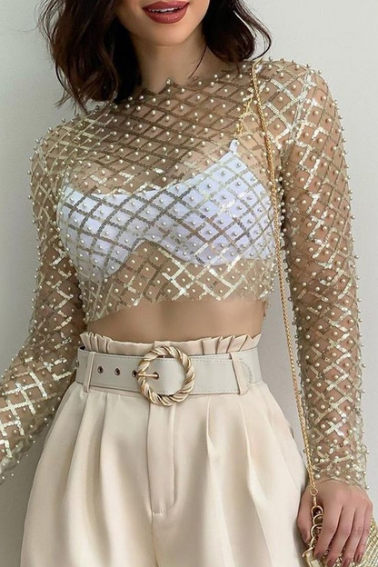 Sexy Solid Sequins See-through Beading O Neck Tops(4 Colors)