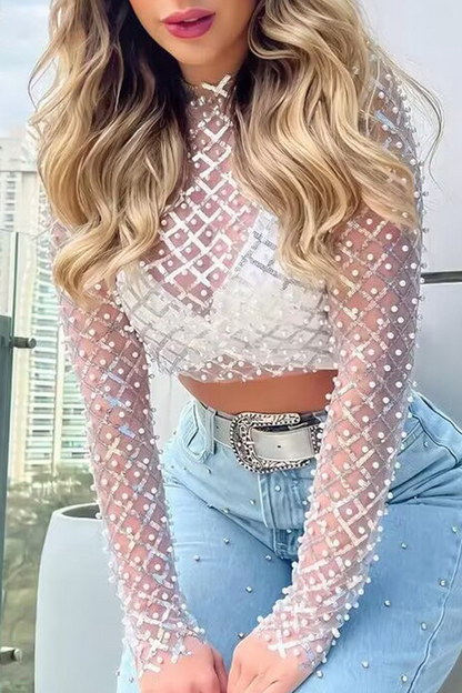 Sexy Solid Sequins See-through Beading O Neck Tops(4 Colors)