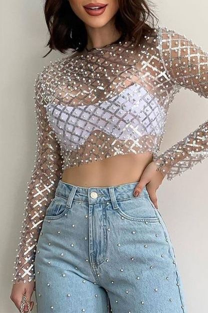 Sexy Solid Sequins See-through Beading O Neck Tops(4 Colors)