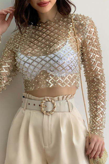 Sexy Solid Sequins See-through Beading O Neck Tops(4 Colors)