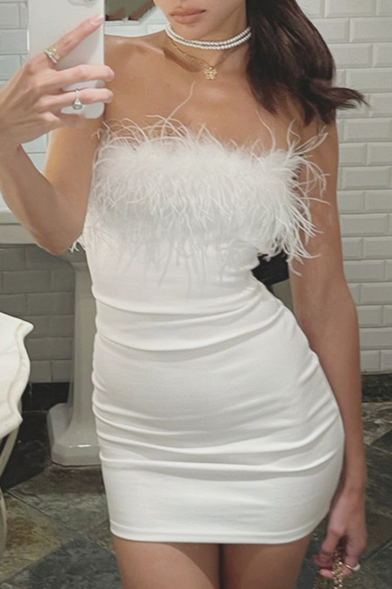 Sexy Solid Feathers Strapless Wrapped Skirt Dresses