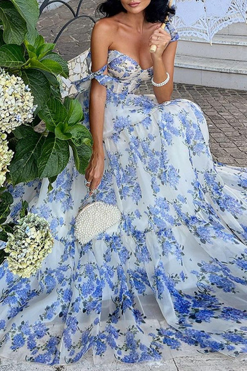 Elegant Formal Print Flowers Bandage Off the Shoulder Princess Dresses