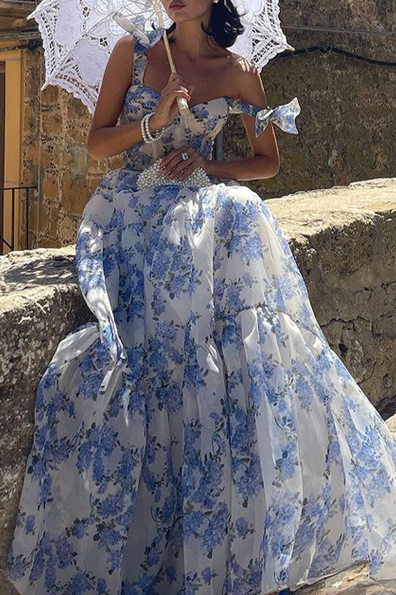 Robes de princesse élégantes à imprimé floral et à épaules dénudées 