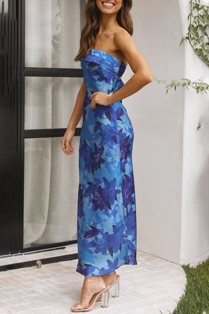 Celebrities Elegant Floral Backless Strapless Printed Dress Dresses(3 Colors)