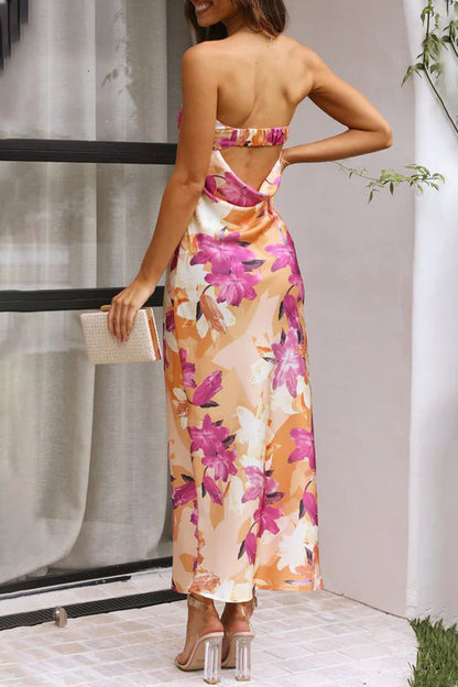 Celebrities Elegant Floral Backless Strapless Printed Dress Dresses(3 Colors)