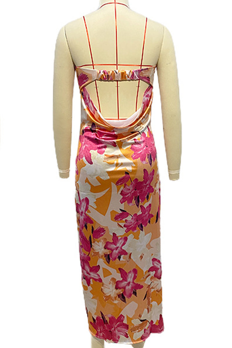 Celebrities Elegant Floral Backless Strapless Printed Dress Dresses(3 Colors)