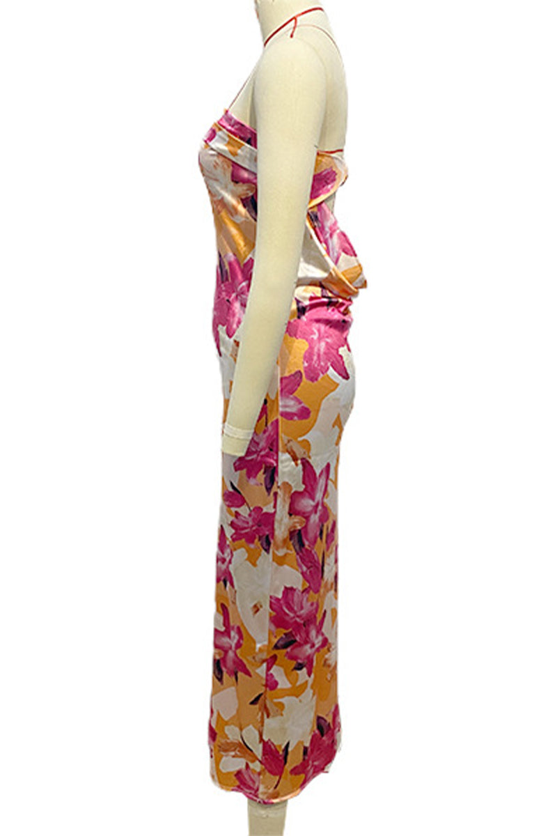 Celebrities Elegant Floral Backless Strapless Printed Dress Dresses(3 Colors)