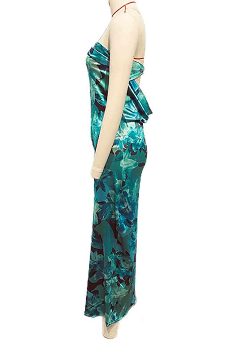 Celebrities Elegant Floral Backless Strapless Printed Dress Dresses(3 Colors)