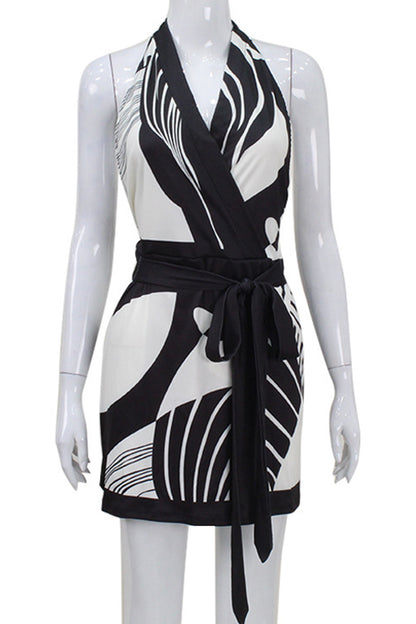 Sexy Simplicity Geometric Print Bandage Backless Halter Sleeveless Dress Dresses