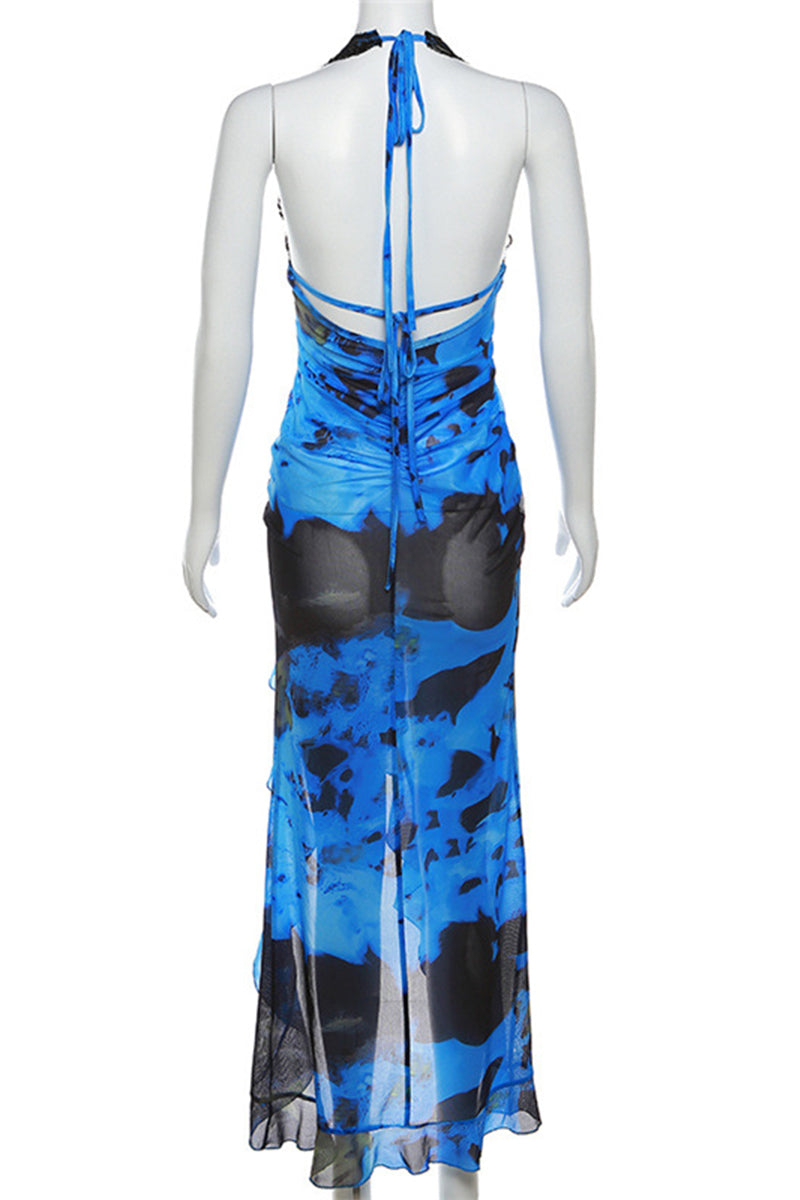 Sexy Color Lump Print Lace Contrast Stringy Selvedge Halter Irregular Dress Dresses