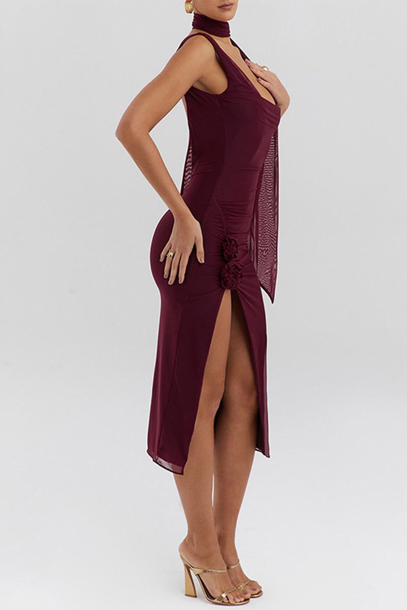 Sexy Solid Slit Mesh Scarf Collar Wrapped Skirt Dresses