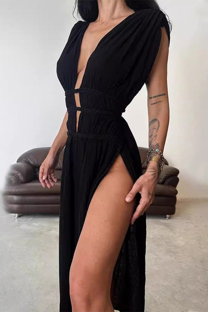 Sexy Bohemian Solid Slit V Neck Beach Dresses(3 Colors)