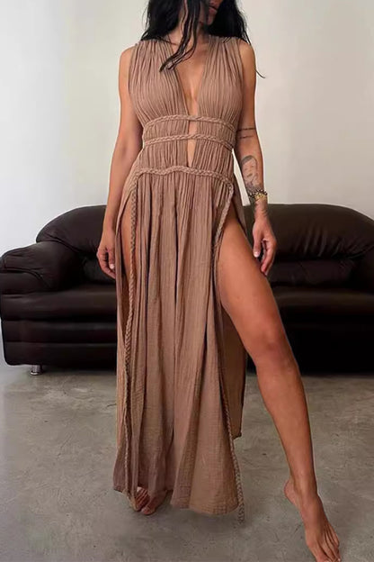 Sexy Bohemian Solid Slit V Neck Beach Dresses(3 Colors)