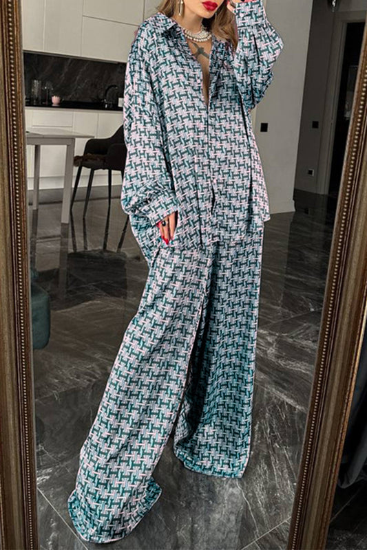 Casual Daily Geometric Print Contrast Turndown Collar Long Sleeve Two Pieces