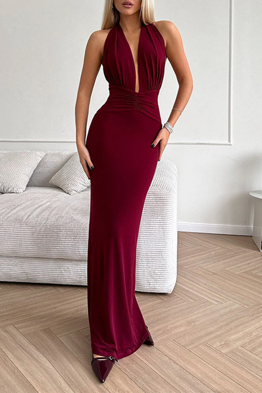 Sexy Solid Color Backless Ruched Halter Evening Dresses
