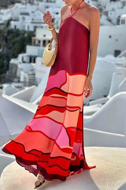 Casual Vacation Geometric Print Lace Up Backless Halter Sleeveless Dresses