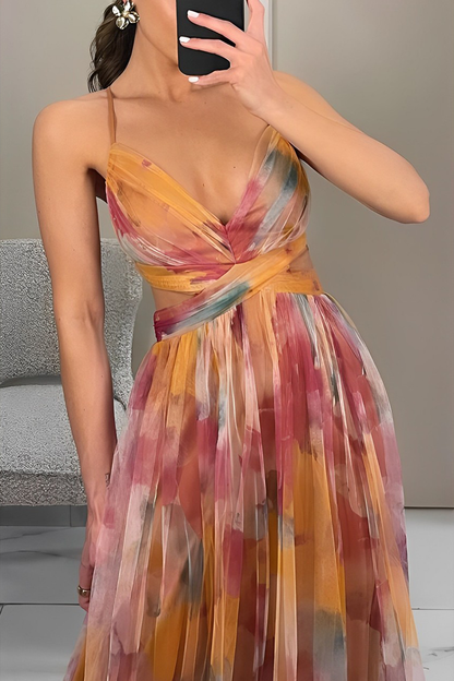 Sexy Gradient Print Backless Contrast V Neck Long Dresses