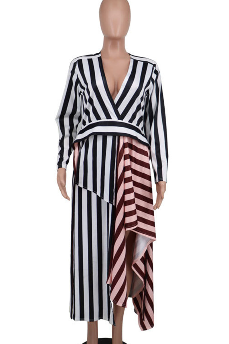 Celebrities Stripe Patchwork Deep V Neck Long Dresses