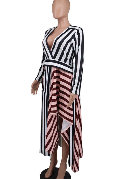 Celebrities Stripe Patchwork Deep V Neck Long Dresses