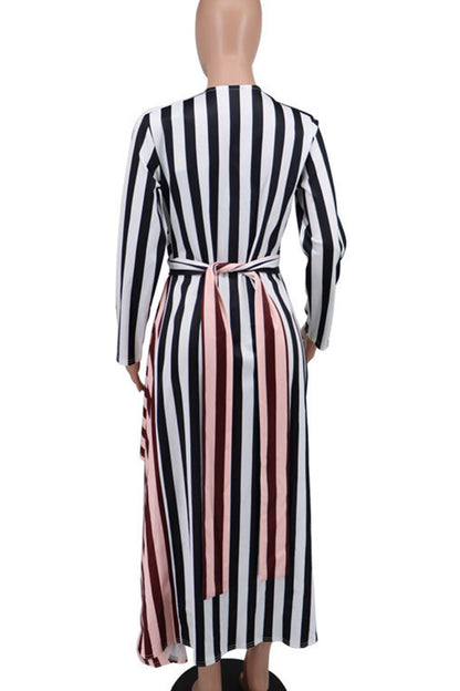 Celebrities Stripe Patchwork Deep V Neck Long Dresses