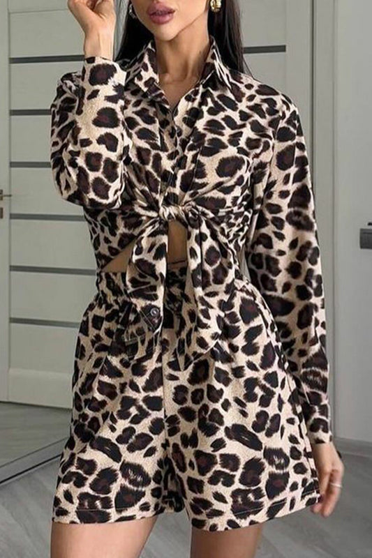 Casual Street Leopard Print Pocket Knotted Turndown Collar Long Sleeve Two Pieces
