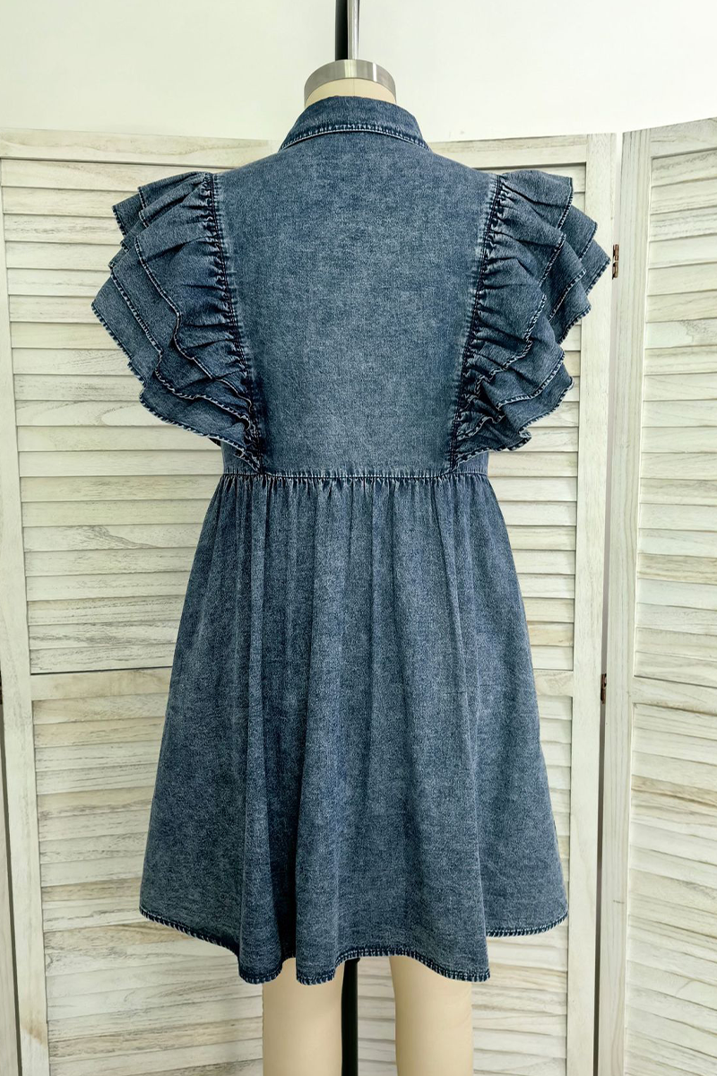 Casual Solid Color Distressed Pocket Ruffle Turndown Collar Short Sleeve Denim Dresses